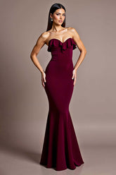 Burgundy Formal Dress Satin Mermaid Backless Strapless Wedding Guest Dress