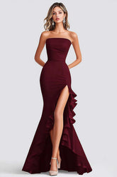 Burgundy Formal Dress Satin Mermaid Strapless Ruffled Long Wedding Guest Dress With Slit