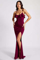 Burgundy Formal Dress Spaghetti Straps Mermaid Crepe Long Wedding Guest Dress With Slit