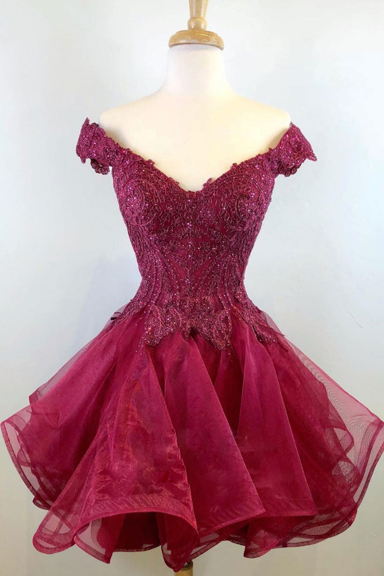 Burgundy Homecoming Dress Tulle Lace Short Party Cocktail Dress