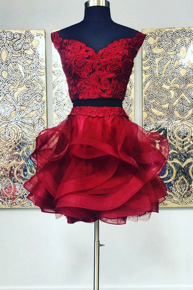 Burgundy Homecoming Dress Two Piece Lace Short Party Cocktail Dress
