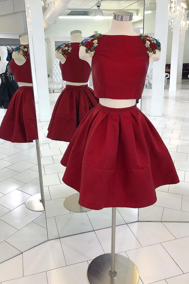 Burgundy Homecoming Dress Two Piece Satin Short Party Cocktail Dress