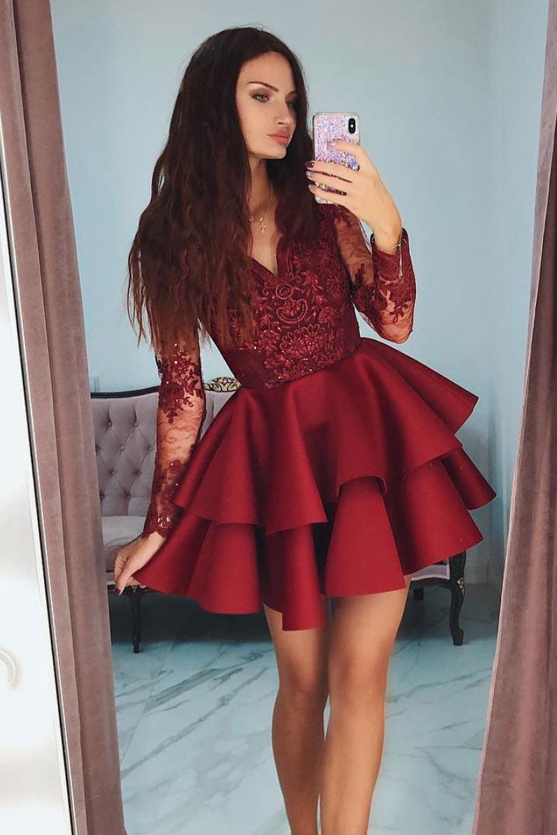 Burgundy Homecoming Dress V Neck Lace Short Party Cocktail Dress