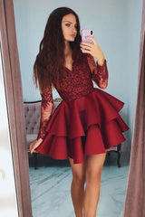Burgundy Homecoming Dress V Neck Lace Short Party Cocktail Dress