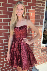 Burgundy Homecoming Dresses Sequin Cocktail Dresses with Criss Cross Back