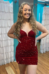 Burgundy Homecoming Dresses Sequin Glitter Cocktail Dresses with Lace-up Back