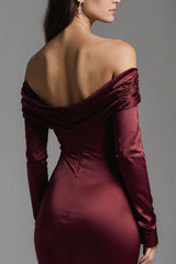 Dressystars Burgundy Mermaid Off The Shoulder Long Satin Evening Dress With Slit