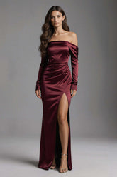 Dressystars Burgundy Mermaid Off The Shoulder Long Satin Evening Dress With Slit
