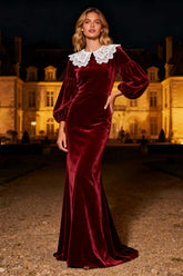 Dressystars Burgundy Mermaid Peter Pan Collar Long Velvet Holiday Party Dress