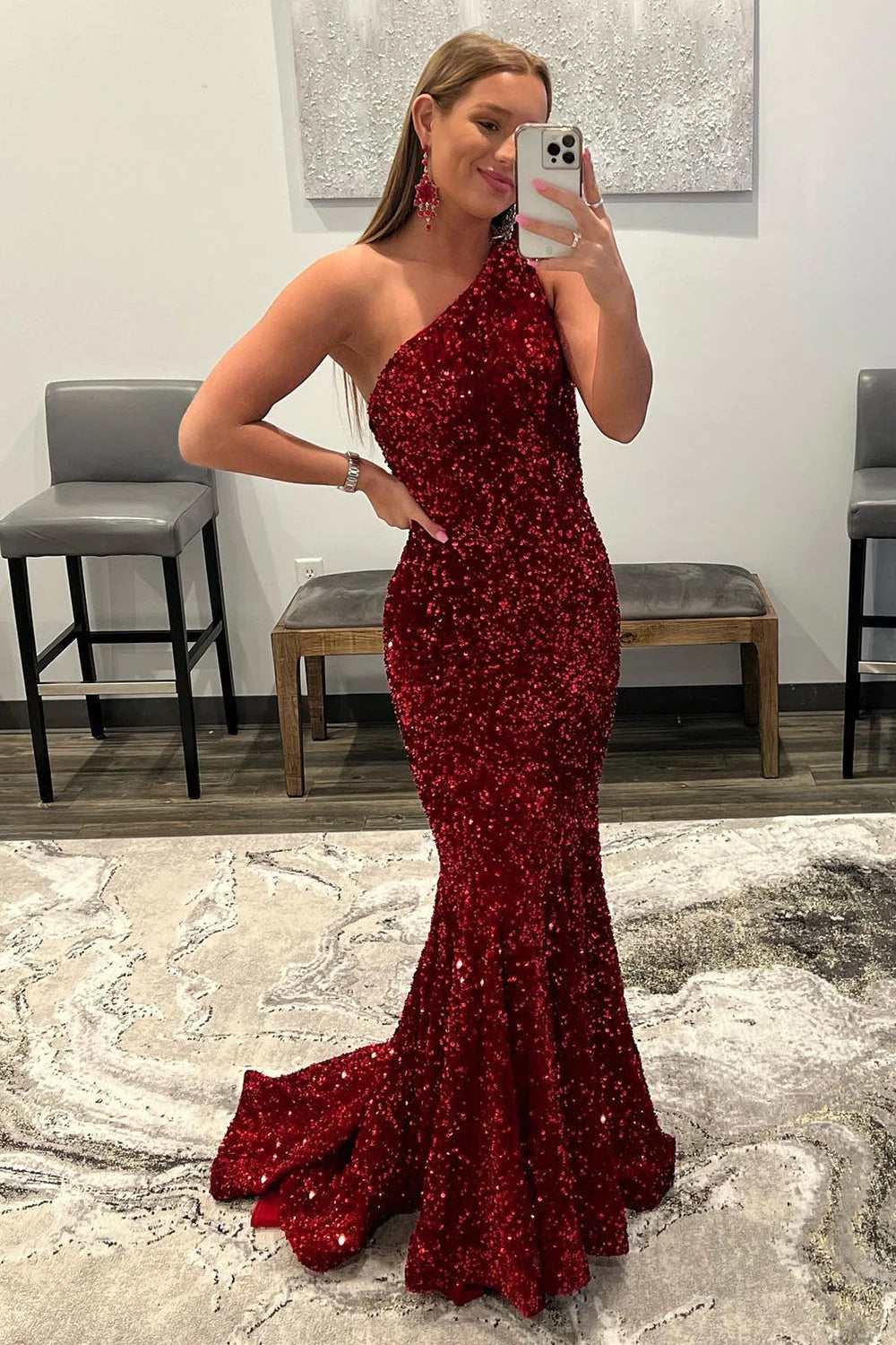 Burgundy Mermaid Prom Dress Sequins Long Evening Dress