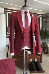Burgundy Peaked Lapel 3 Piece Prom Suit