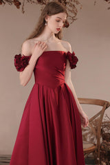 Burgundy Prom Dress A Line Off the Shoulder Satin Long Formal Evening Dress