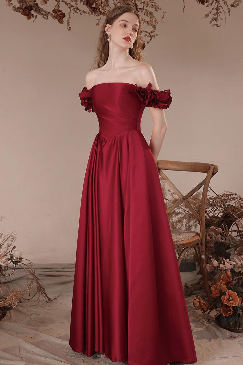 Burgundy Prom Dress A Line Off the Shoulder Satin Long Formal Evening Dress