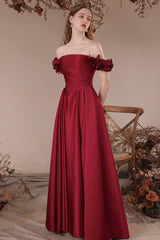 Burgundy Prom Dress A Line Off the Shoulder Satin Long Formal Evening Dress