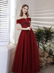 Burgundy Prom Dress A Line Sequin Beaded Long Formal Gown Evening Dress
