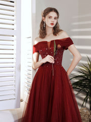 Burgundy Prom Dress A Line Sequin Beaded Long Formal Gown Evening Dress
