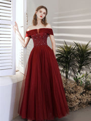 Burgundy Prom Dress A Line Sequin Beaded Long Formal Gown Evening Dress