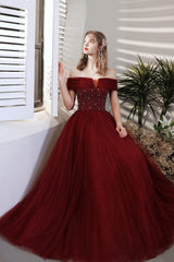 Burgundy Prom Dress A Line Sequin Beaded Long Formal Gown Evening Dress