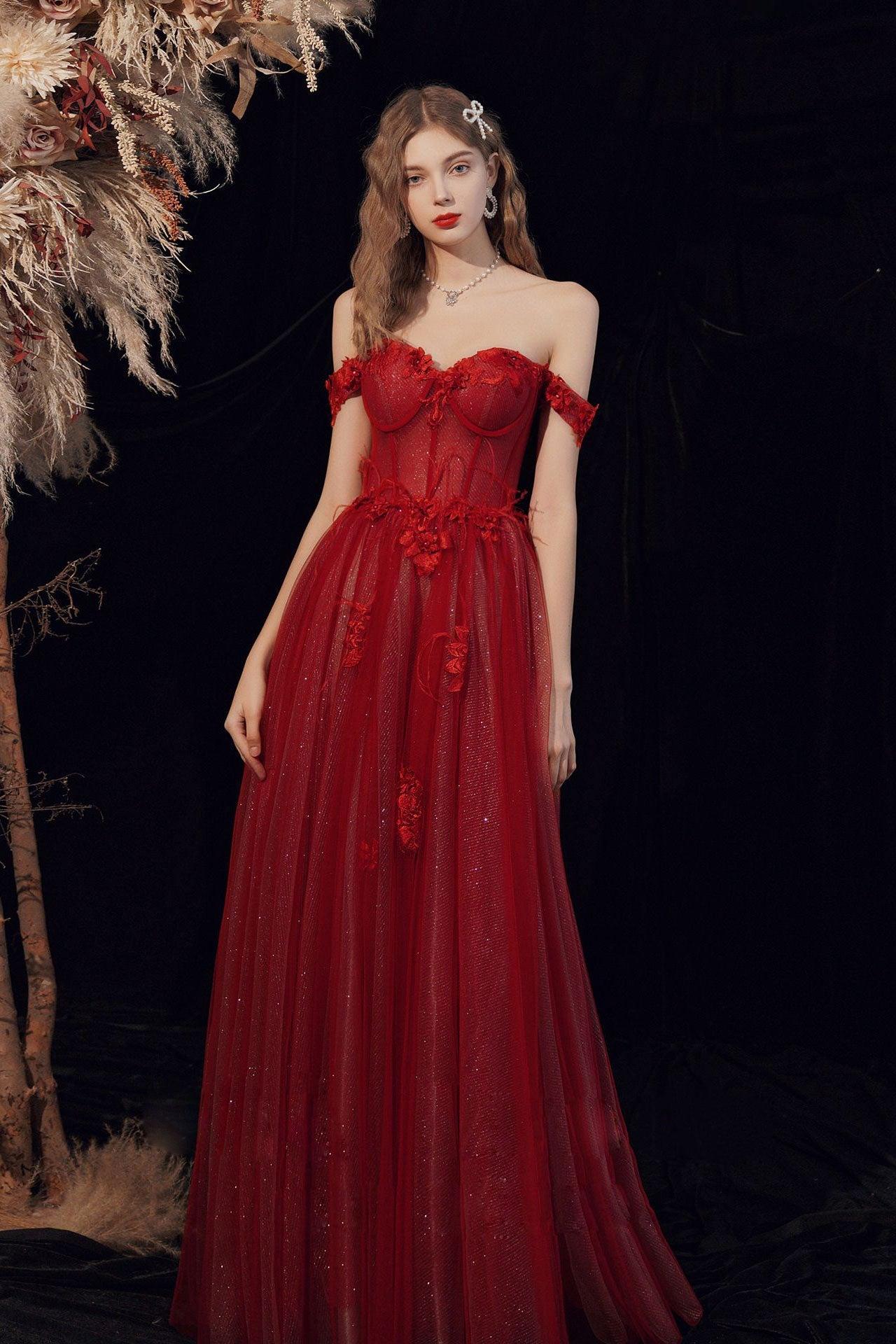 Burgundy Prom Dress A Line Tulle Long Evening Gown Evening Dress