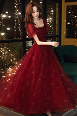 Burgundy Prom Dress A Line Tulle Sequin Long Formal Dress Evening Dress
