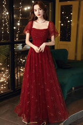 Burgundy Prom Dress A Line Tulle Sequin Long Formal Dress Evening Dress