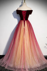 Burgundy Prom Dress A Line Tulle Sequin Long Formal Evening Dress