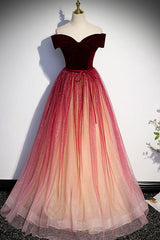 Burgundy Prom Dress A Line Tulle Sequin Long Formal Evening Dress