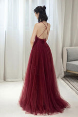 Burgundy Prom Dress A Line V Neck Tulle Sequin Long Formal Evening Dress