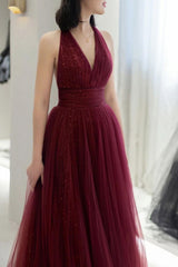 Burgundy Prom Dress A Line V Neck Tulle Sequin Long Formal Evening Dress