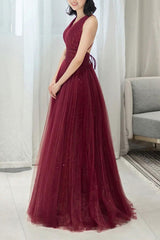 Burgundy Prom Dress A Line V Neck Tulle Sequin Long Formal Evening Dress