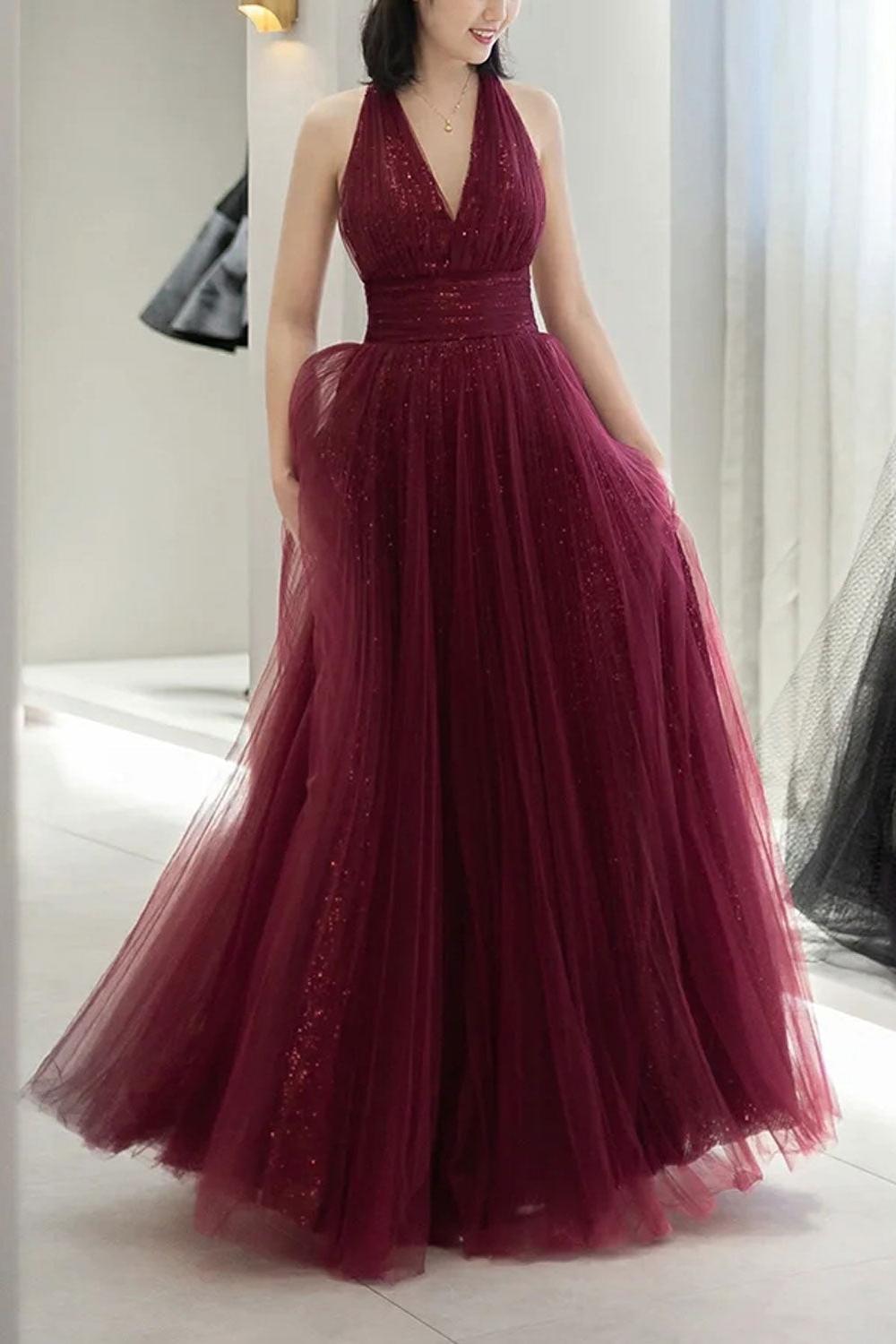 Burgundy Prom Dress A Line V Neck Tulle Sequin Long Formal Evening Dress