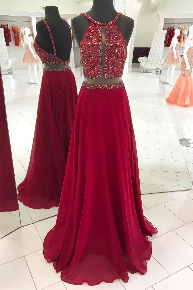 Burgundy Prom Dress Chiffon Beaded Sequin Long Formal Gown Evening Dress