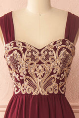 Burgundy Prom Dress Chiffon Lace Appliques Long Formal Evening Dress