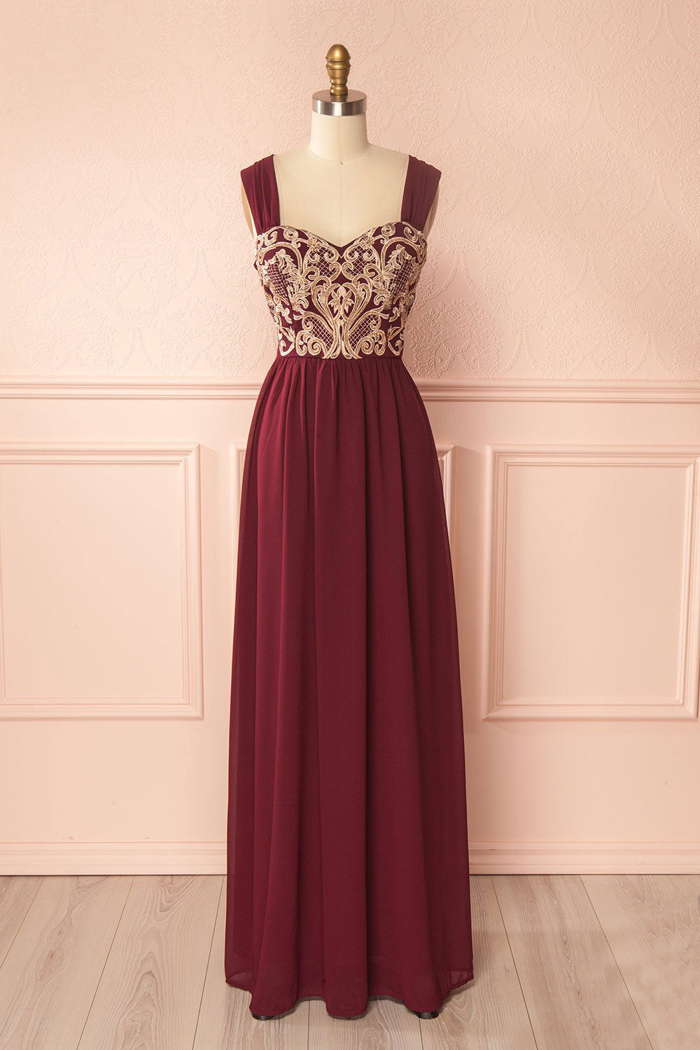 Burgundy Prom Dress Chiffon Lace Appliques Long Formal Evening Dress