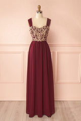 Burgundy Prom Dress Chiffon Lace Appliques Long Formal Evening Dress
