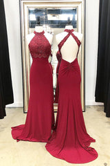 Burgundy Prom Dress Chiffon Lace Mermaid Long Formal Evening Dress
