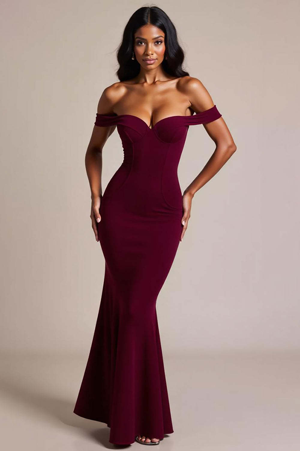 Burgundy Prom Dress Crepe Mermaid Off The Shoulder Long Formal Dress