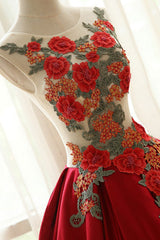 Burgundy Prom Dress Crew Neck Lace Appliques Long Formal Evening Dress