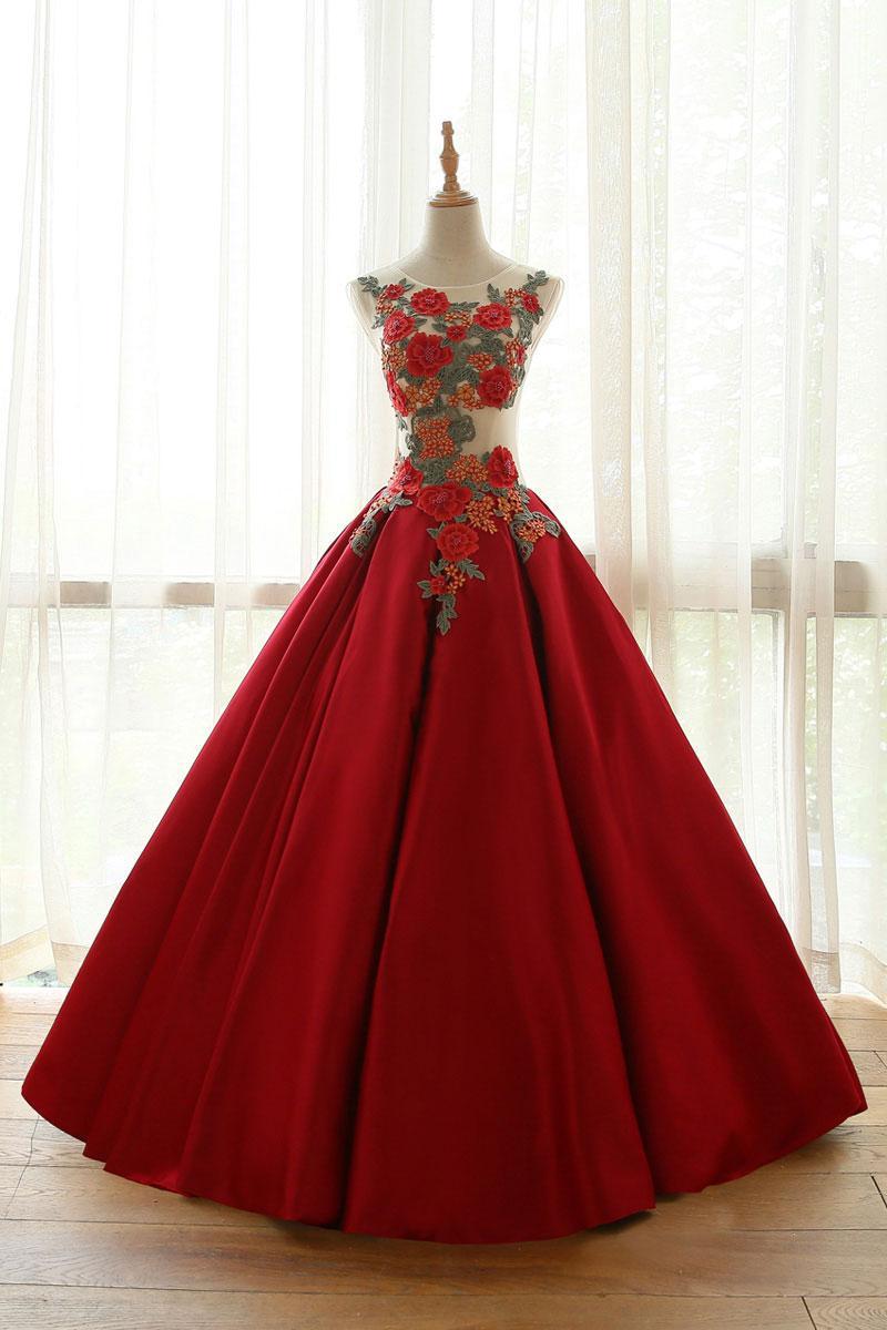 Burgundy Prom Dress Crew Neck Lace Appliques Long Formal Evening Dress