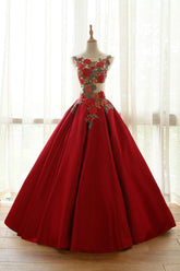Burgundy Prom Dress Crew Neck Lace Appliques Long Formal Evening Dress