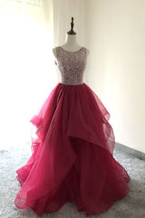 Burgundy Prom Dress Crew Neck Tulle Beaded Long Evening Dress
