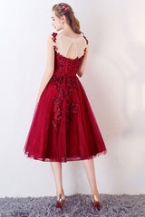 Burgundy Prom Dress Crew Neck Tulle Formal Evening Dress
