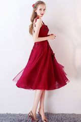 Burgundy Prom Dress Crew Neck Tulle Formal Evening Dress