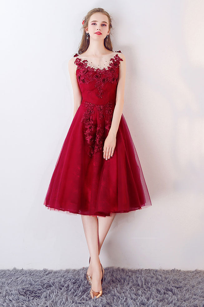 Burgundy Prom Dress Crew Neck Tulle Formal Evening Dress