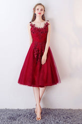 Burgundy Prom Dress Crew Neck Tulle Formal Evening Dress