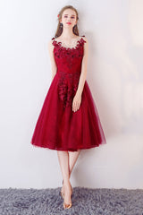 Burgundy Prom Dress Crew Neck Tulle Formal Evening Dress