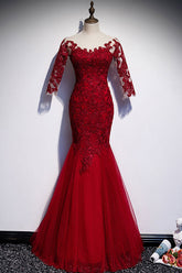 Burgundy Prom Dress Crew Neck Tulle Lace Long Formal Evening Dress