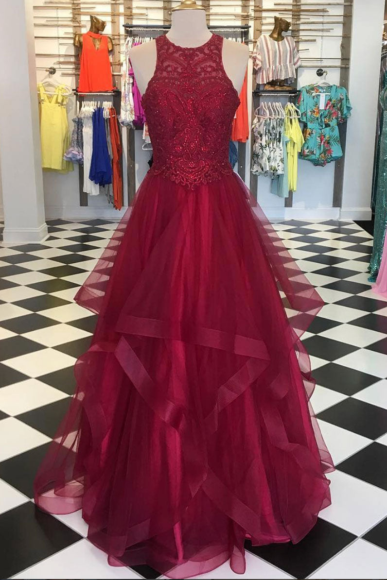 Burgundy Prom Dress Crew Neck Tulle Long Evening Dress