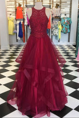 Burgundy Prom Dress Crew Neck Tulle Long Evening Dress