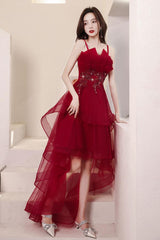 Burgundy Prom Dress High Low Beaded Sequin Evening Dress